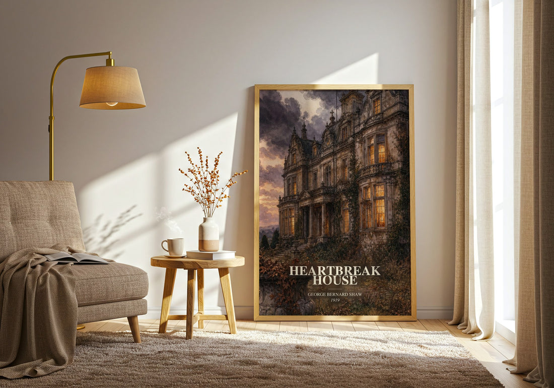 Heartbreak House watercolour print in frame leaning in hallway – satire wall art