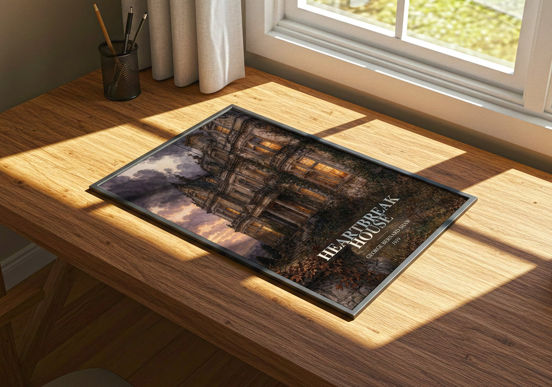 Heartbreak House watercolour book poster framed on wall – satire wall art