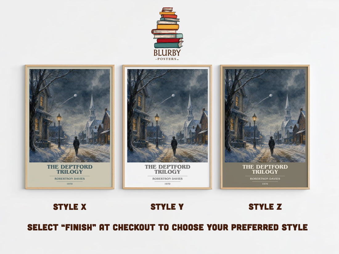 The Deptford Trilogy book cover print in frame leaning in hallway – literary fiction wall art (mockup)