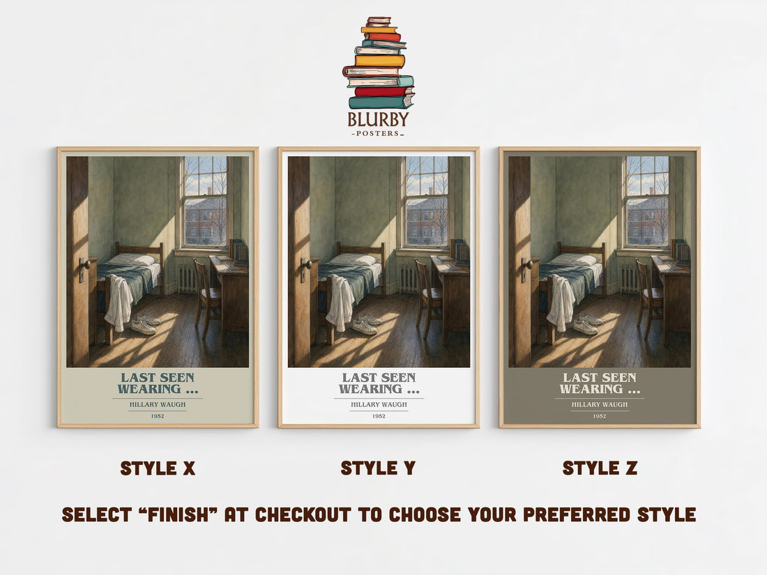 Last Seen Wearing ... book cover print in frame leaning in hallway – mystery wall art (mockup)