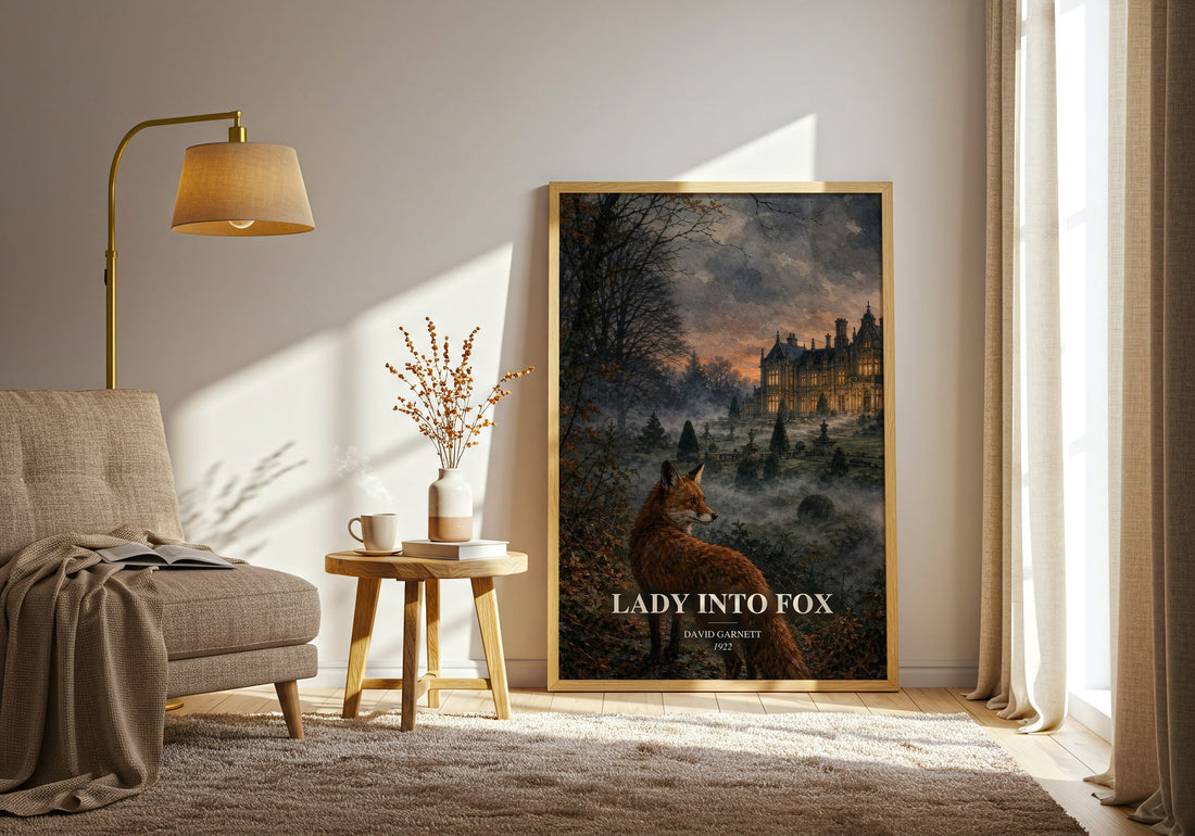 Lady into Fox watercolour print in frame leaning in hallway – literary fiction wall art