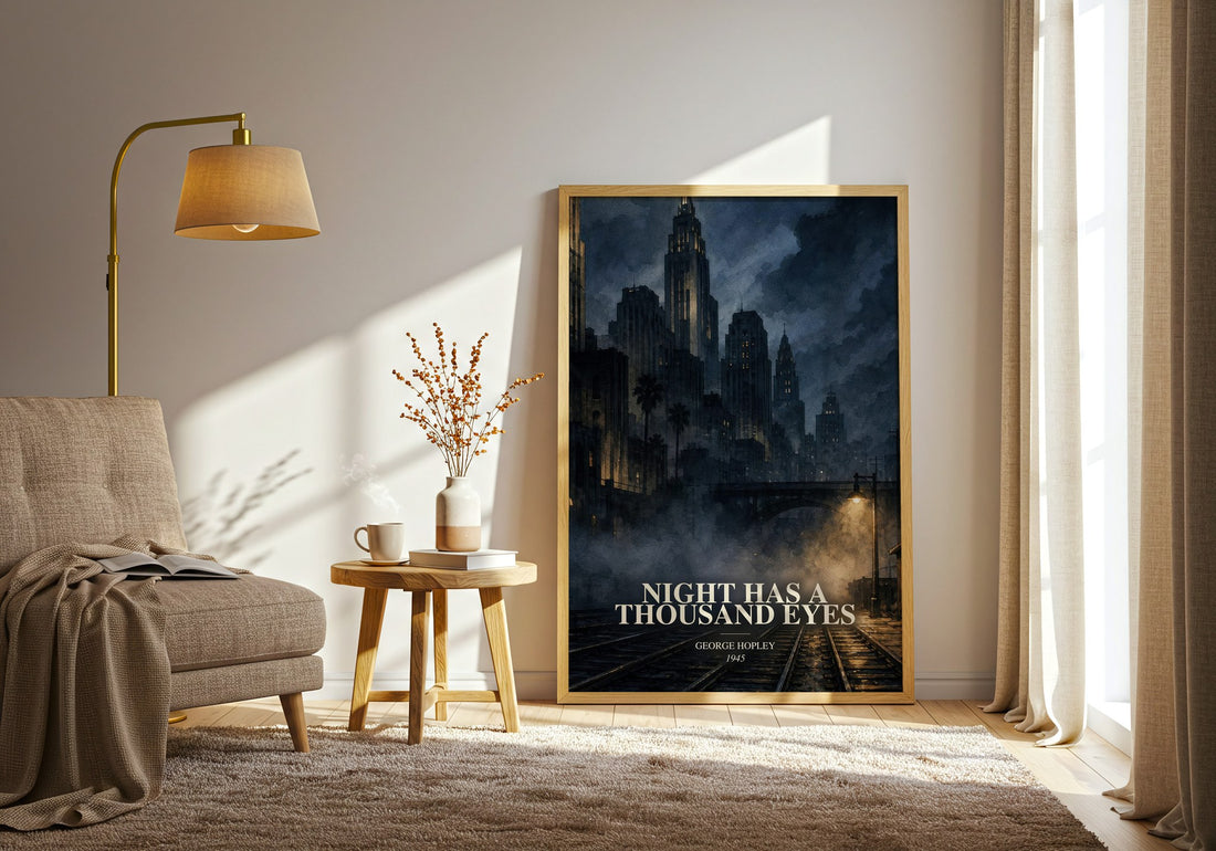 Night Has A Thousand Eyes watercolour print in frame leaning in hallway – thriller wall art
