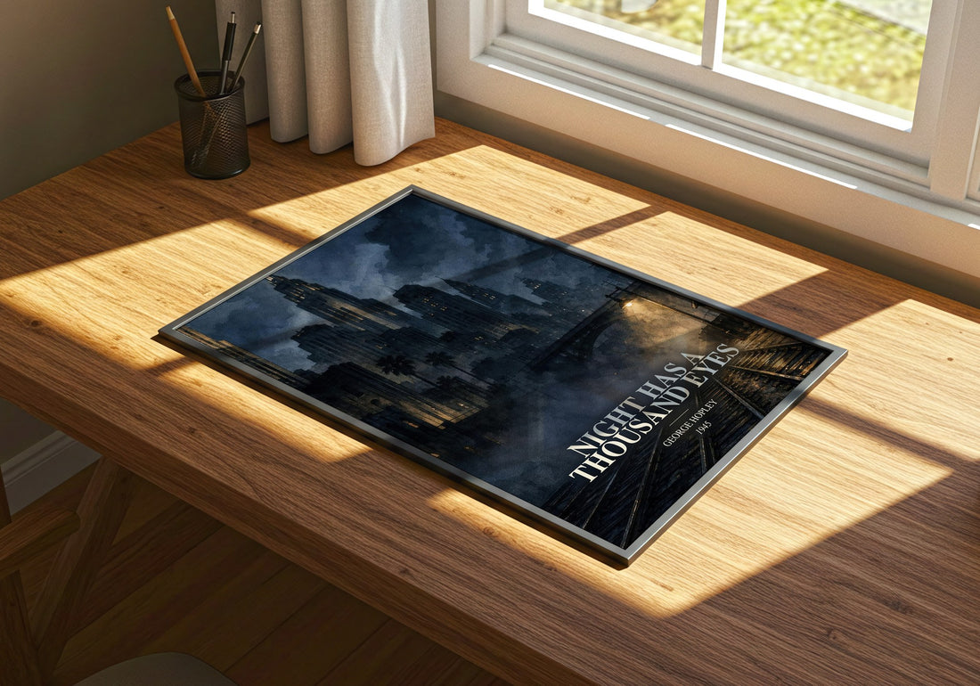 Night Has A Thousand Eyes watercolour book poster framed on wall – thriller wall art