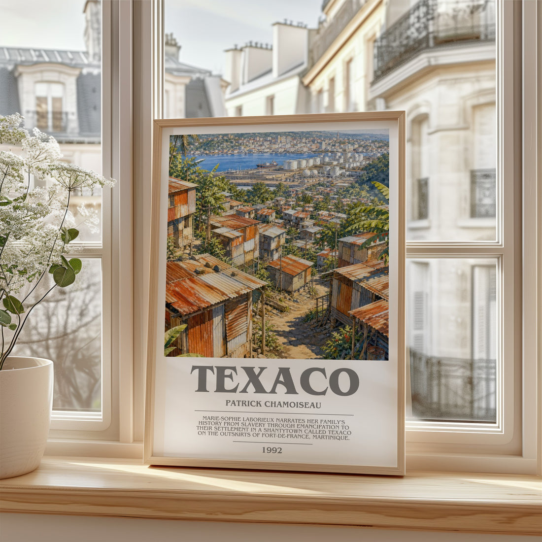Texaco Bookish Wall Art by Patrick Chamoiseau – framed print by a bright window