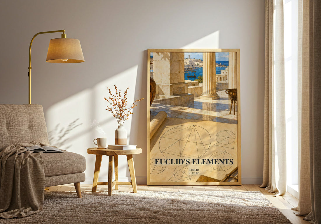 Euclid's Elements watercolour print in frame leaning in hallway – philosophy wall art