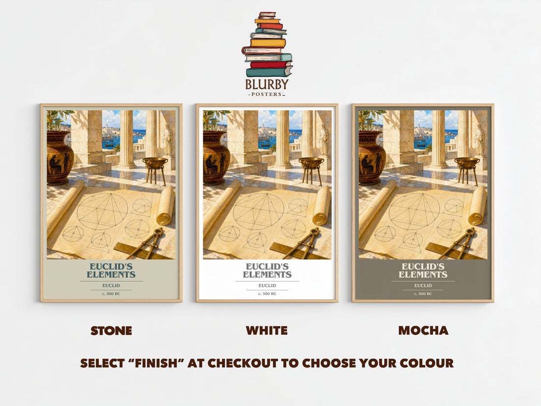 Euclid's Elements book cover print framed by window – Stone, White and Mocha side by side – choose your colour