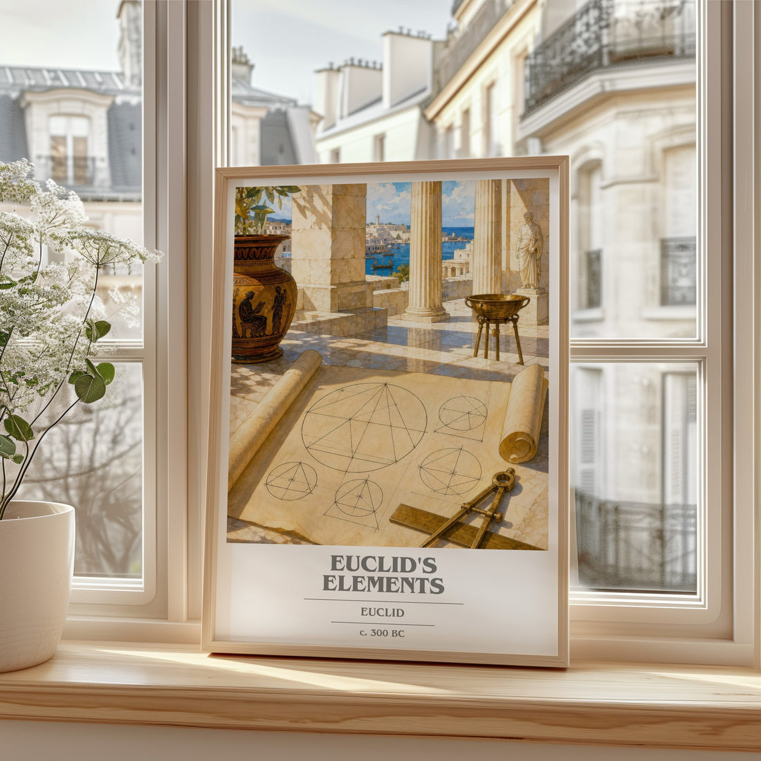 Euclid's Elements book cover print in frame leaning in hallway – philosophy wall art
