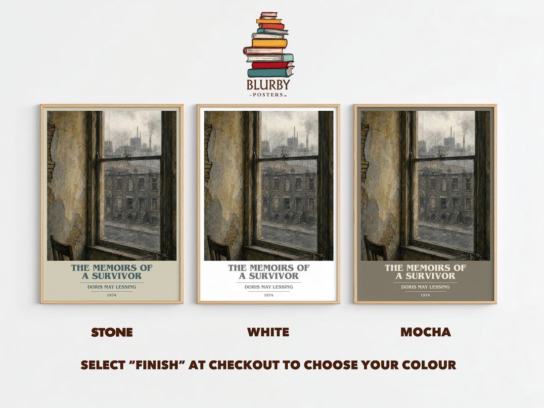 The Memoirs of a Survivor book cover print framed by window – Stone, White and Mocha side by side – choose your colour