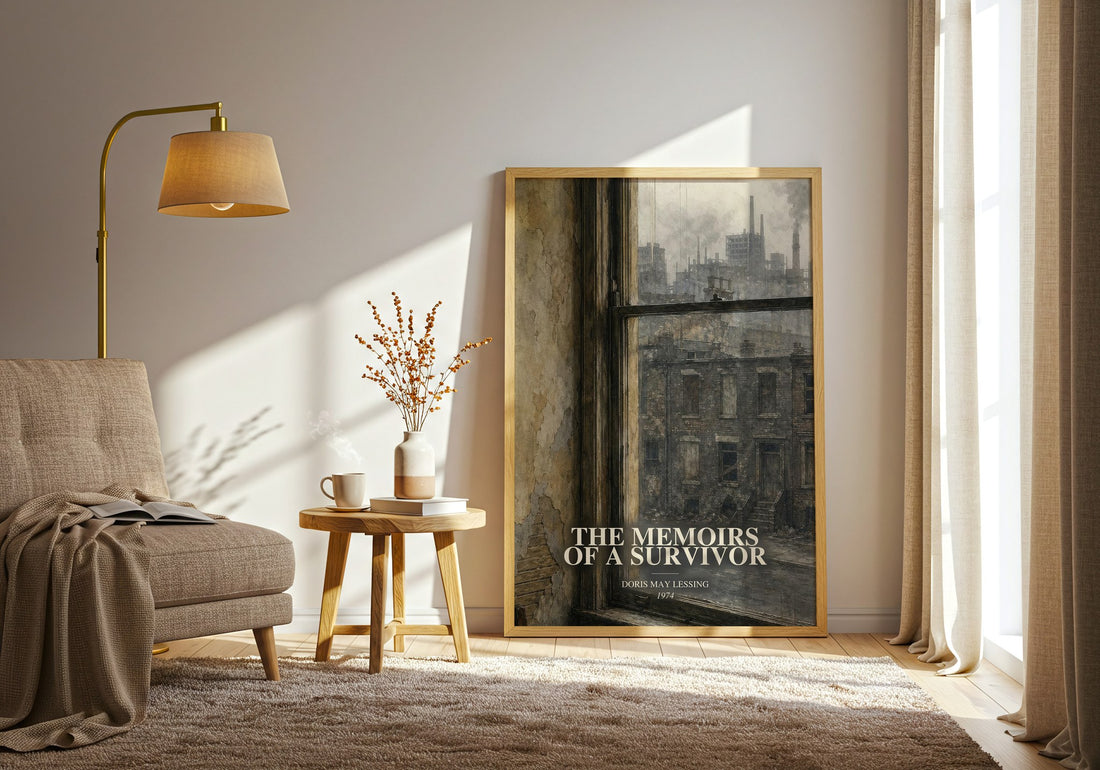 The Memoirs of a Survivor watercolour print in frame leaning in hallway – literary fiction wall art