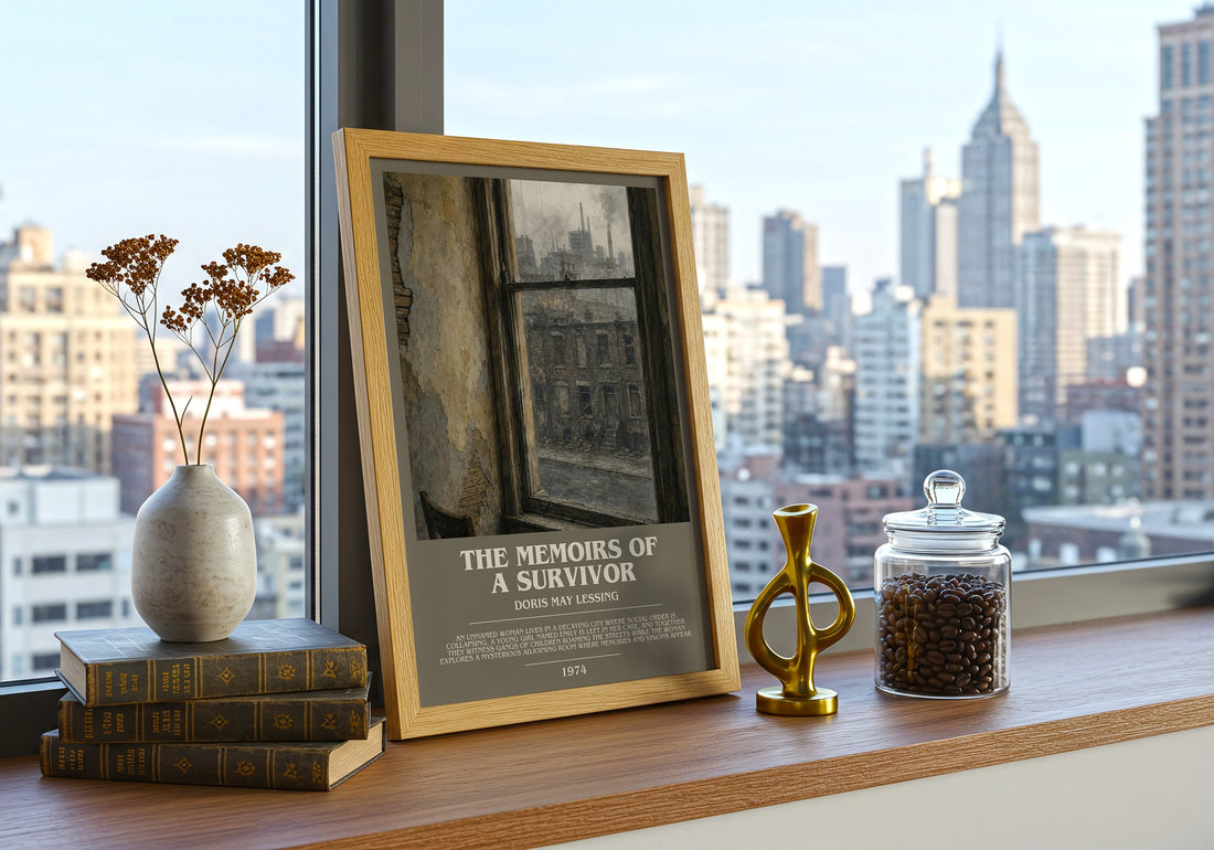 The Memoirs of a Survivor Bookish Wall Art by Doris May Lessing – framed print on a city-view windowsill