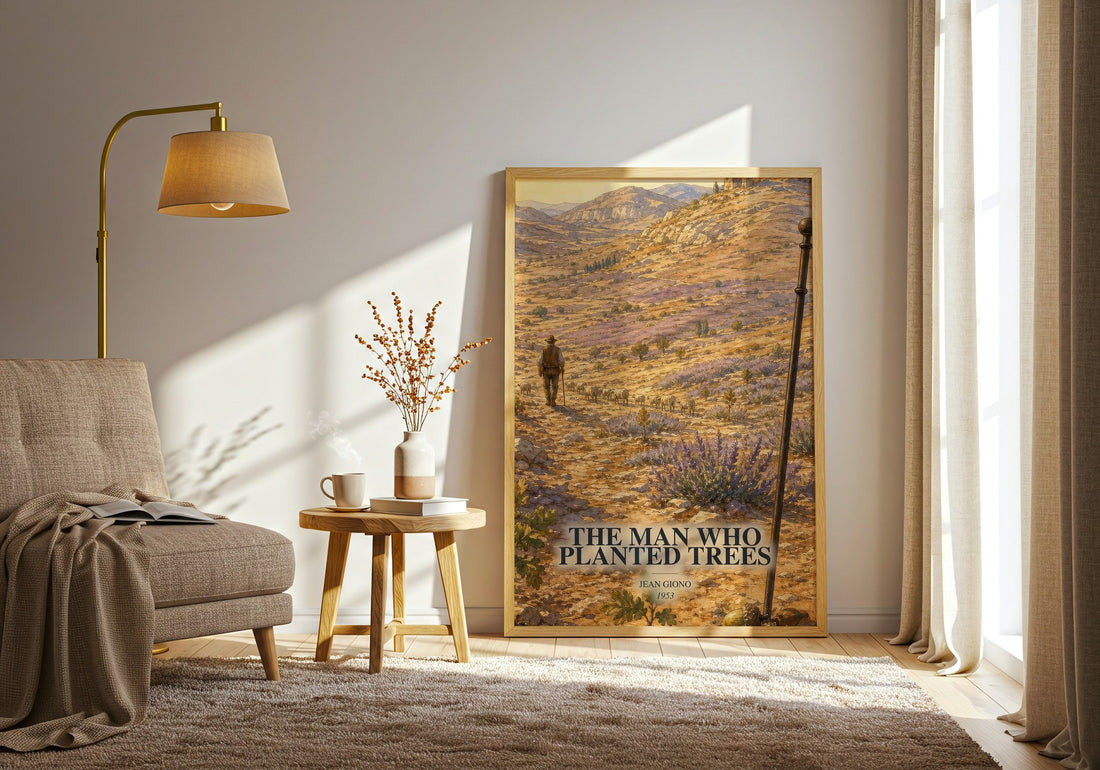 The Man Who Planted Trees watercolour print in frame leaning in hallway – literary fiction wall art