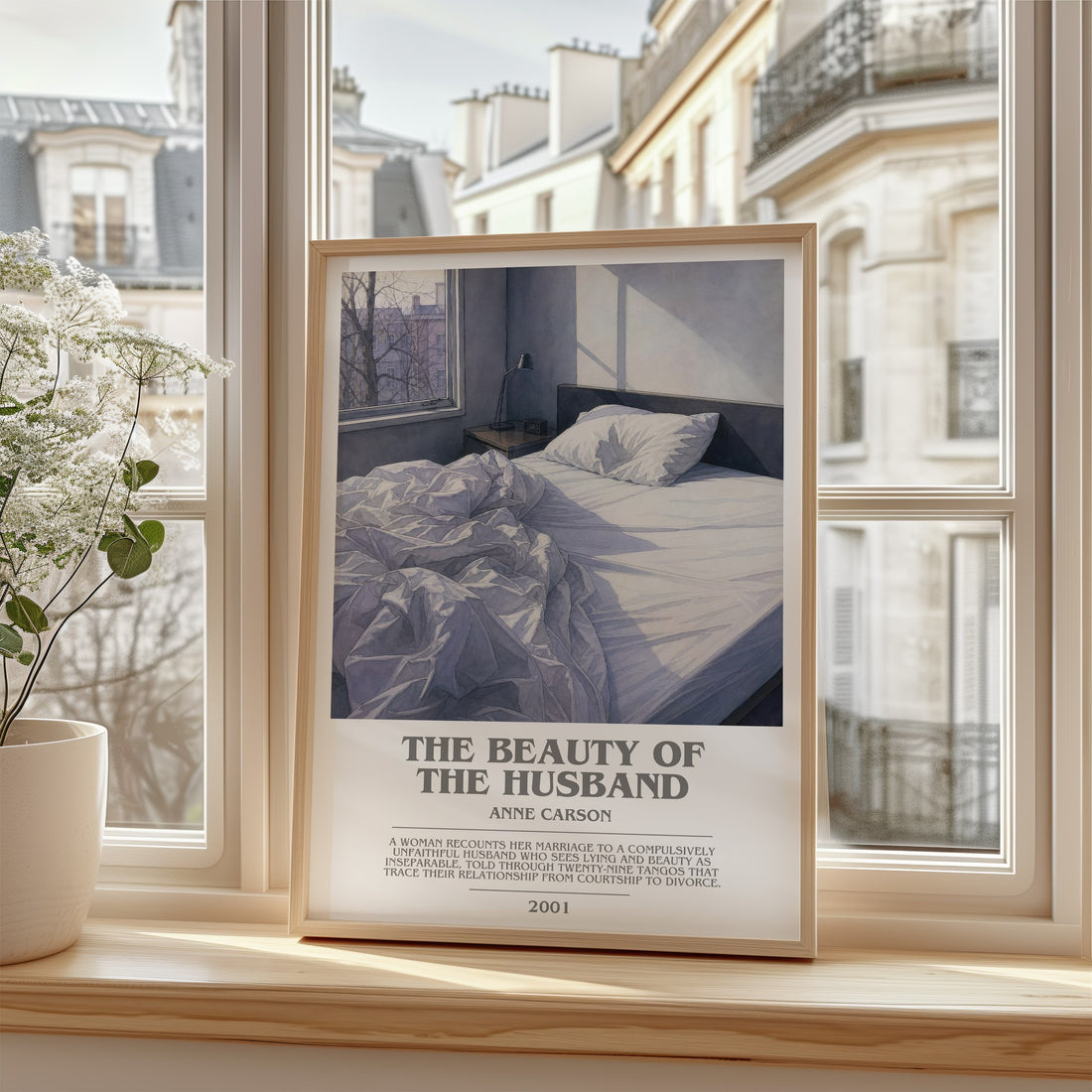 The Beauty Of The Husband Bookish Wall Art by Anne Carson – framed print by a bright window