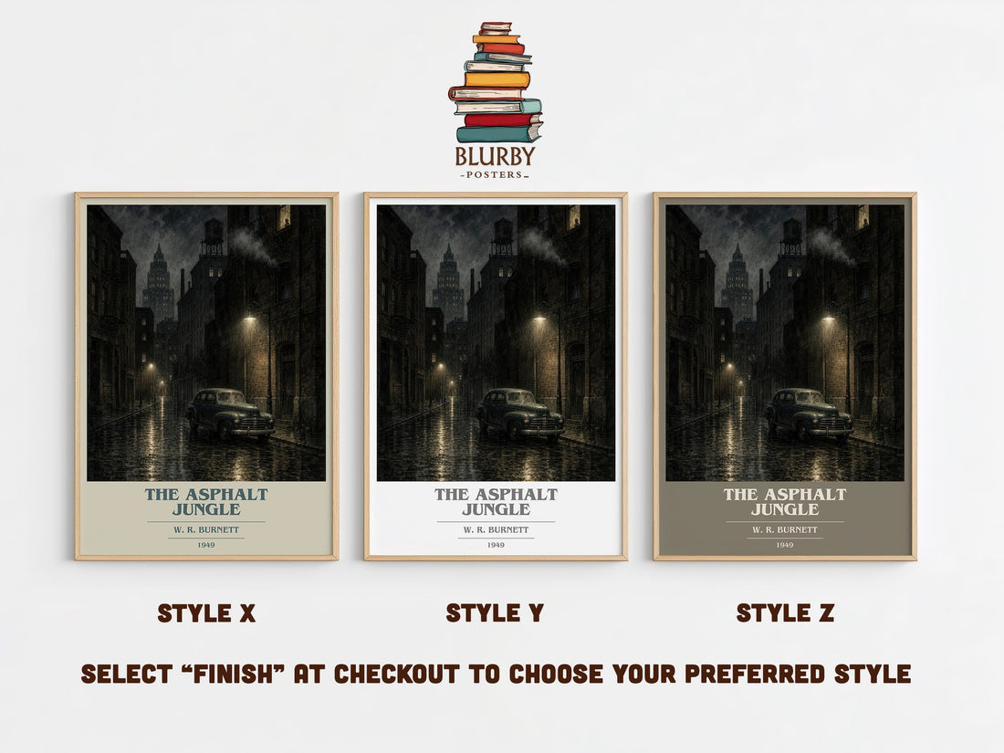 The Asphalt Jungle book cover print in frame leaning in hallway – crime wall art (mockup)