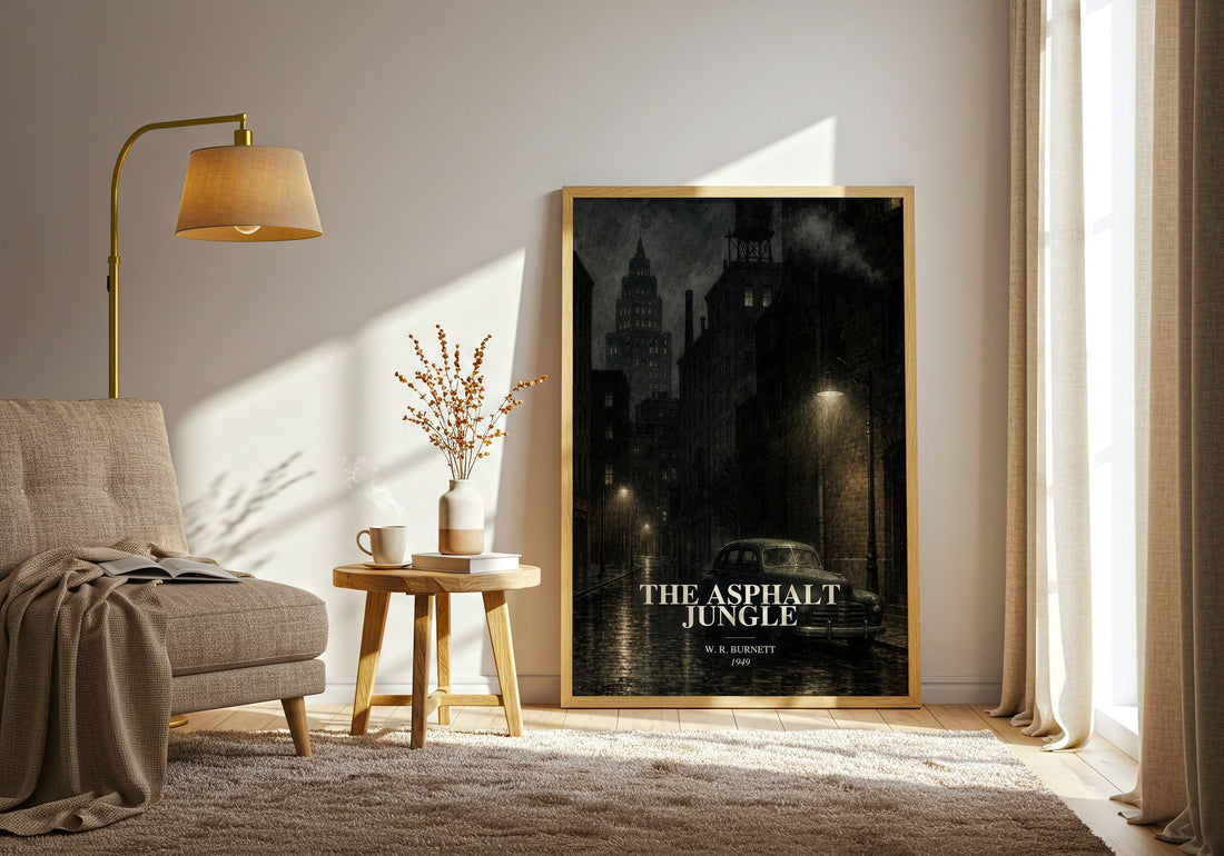 The Asphalt Jungle watercolour print in frame leaning in hallway – crime wall art