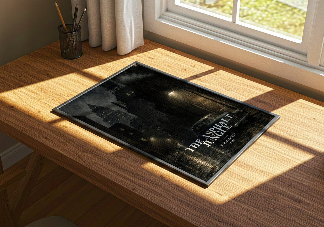 The Asphalt Jungle watercolour book poster framed on wall – crime wall art