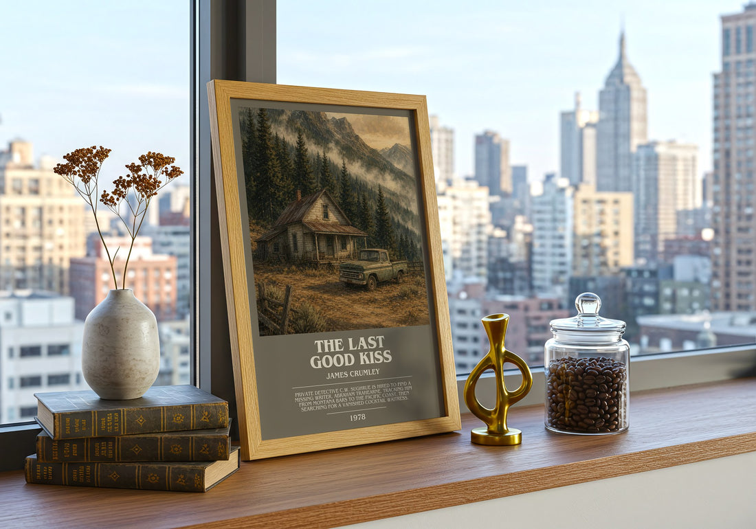 The Last Good Kiss Bookish Wall Art by James Crumley – framed print on a city-view windowsill
