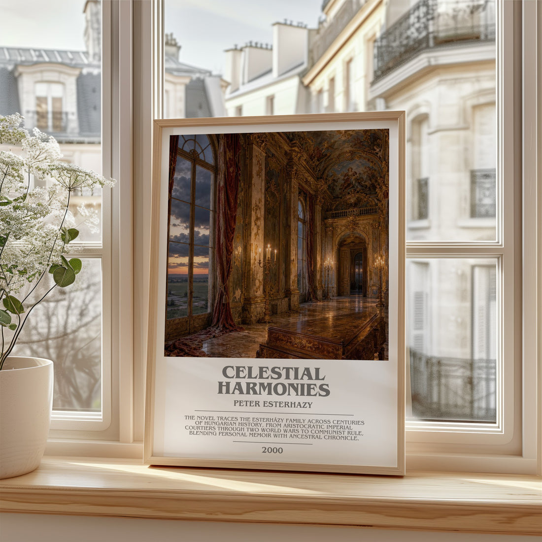 Celestial Harmonies Bookish Wall Art by Peter Esterhazy – framed print by a bright window