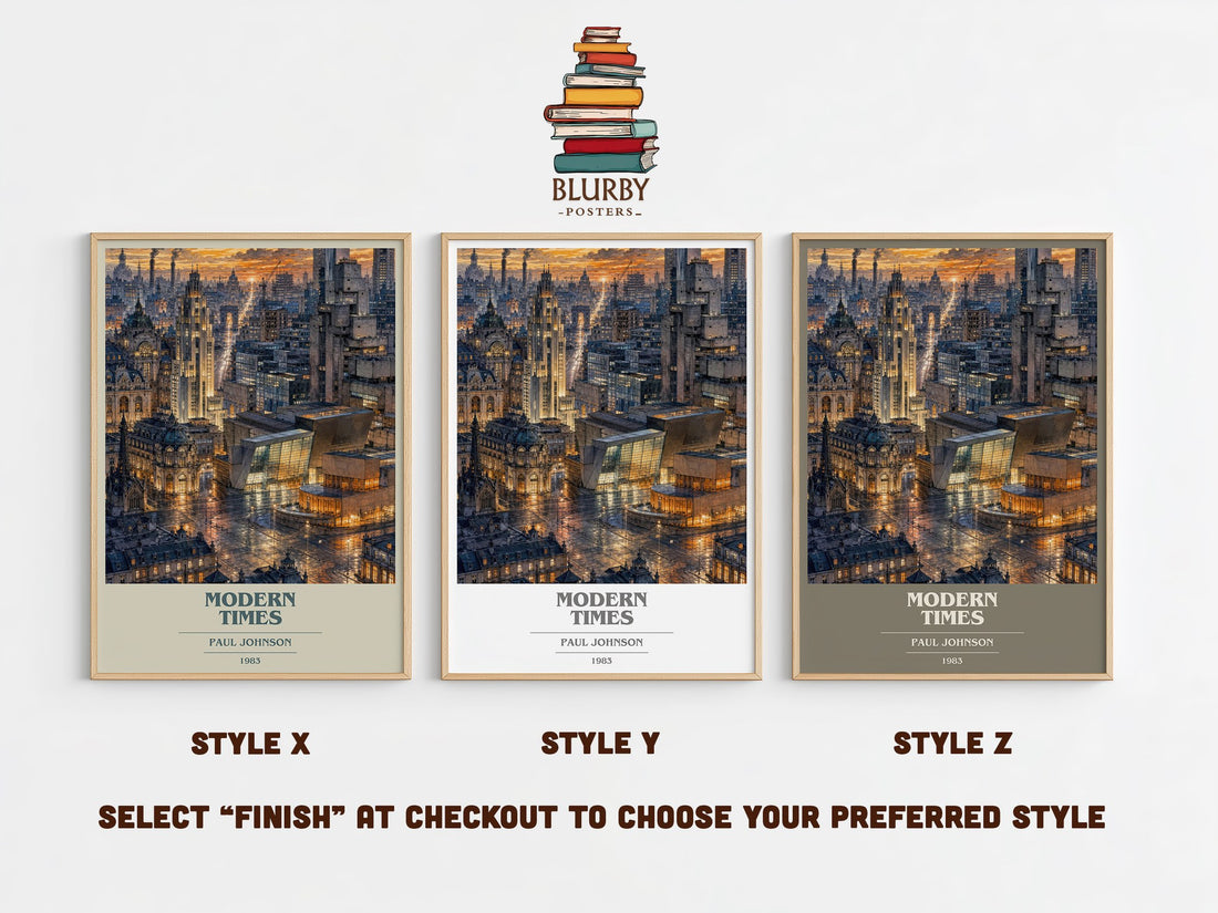 Modern Times book cover print in frame leaning in hallway – non fiction wall art (mockup)