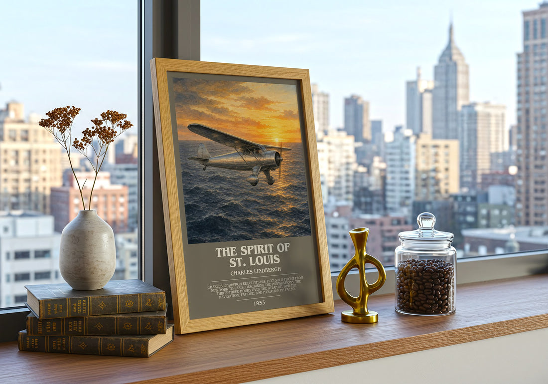 The Spirit of St. Louis Bookish Wall Art by Charles Lindbergh – framed print on a city-view windowsill