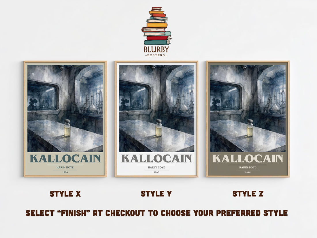 Kallocain book cover print in frame leaning in hallway – dystopian wall art (mockup)