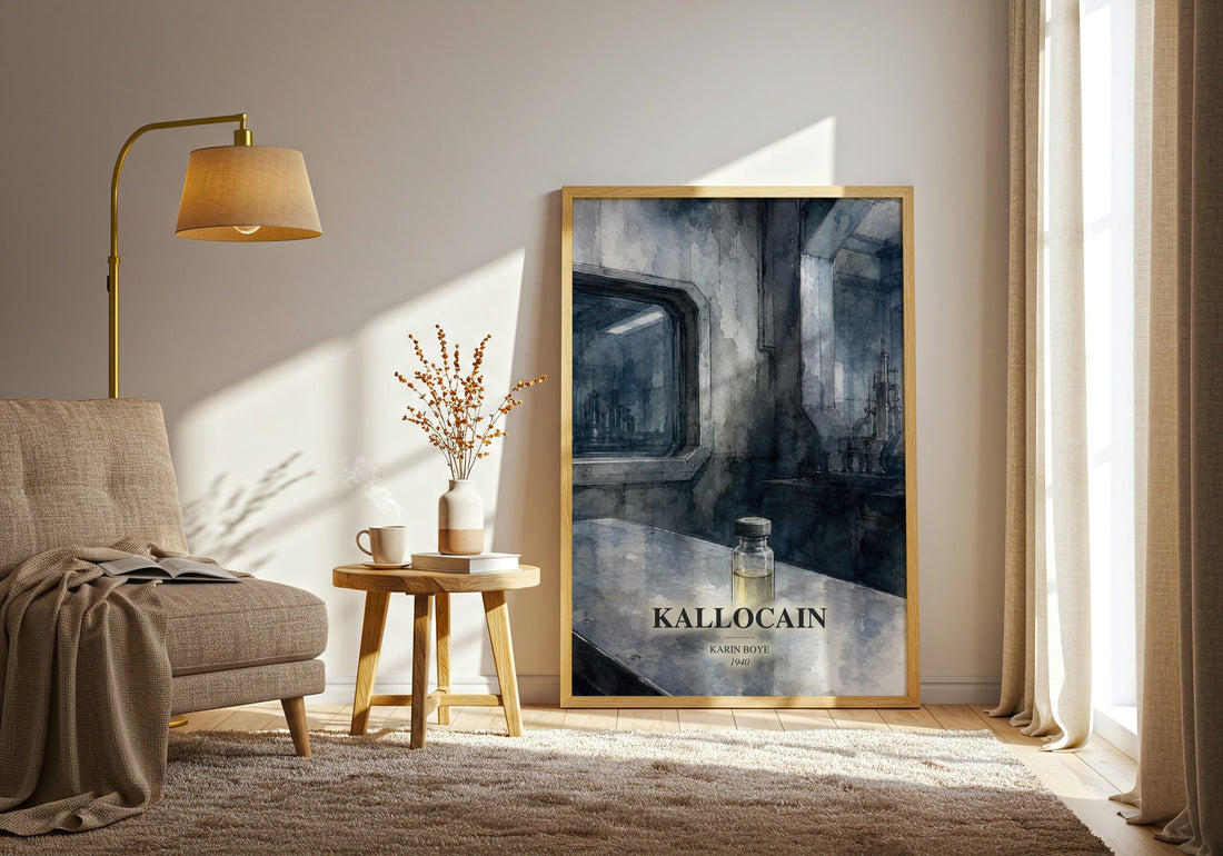Kallocain watercolour print in frame leaning in hallway – dystopian wall art