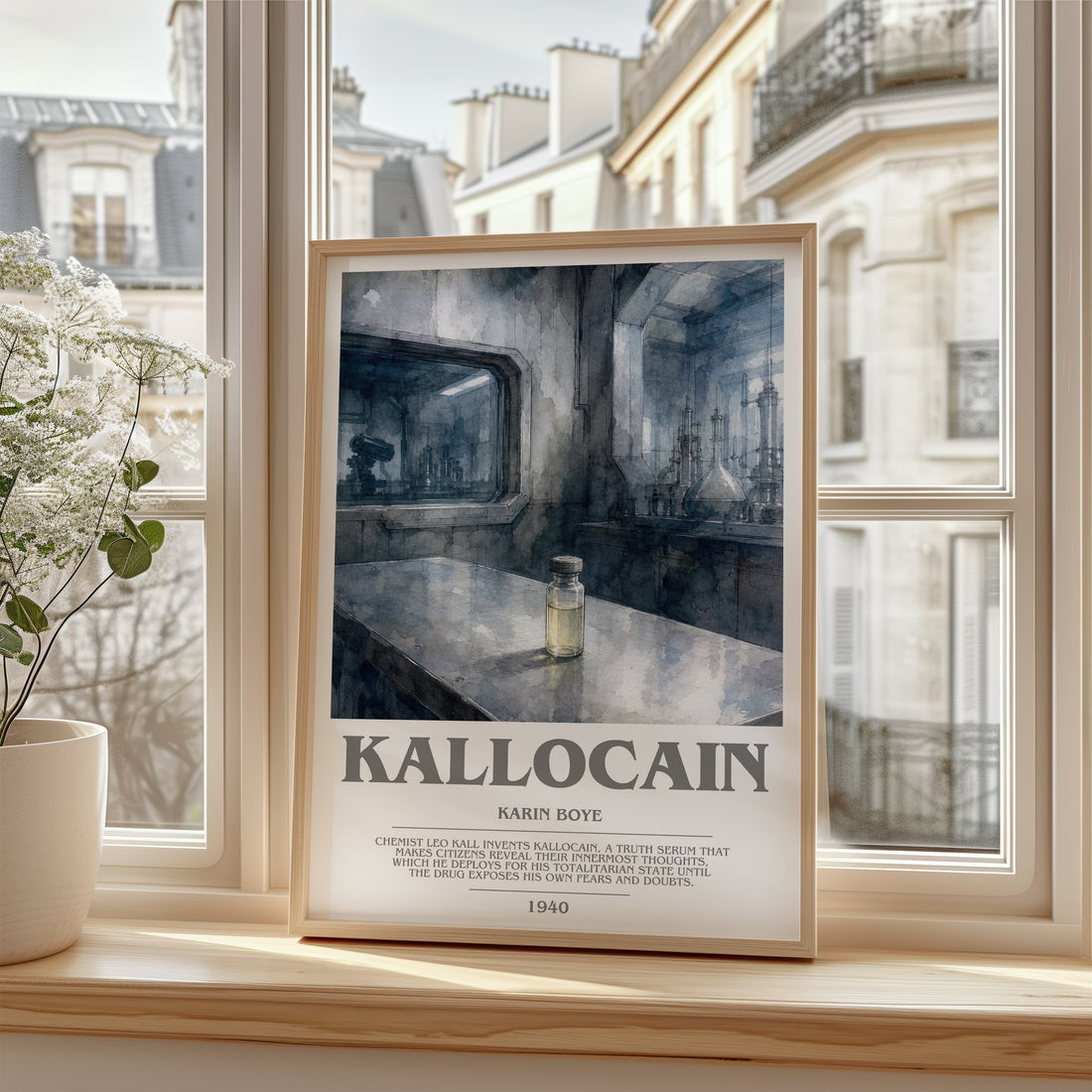 Kallocain Bookish Wall Art by Karin Boye – framed print by a bright window