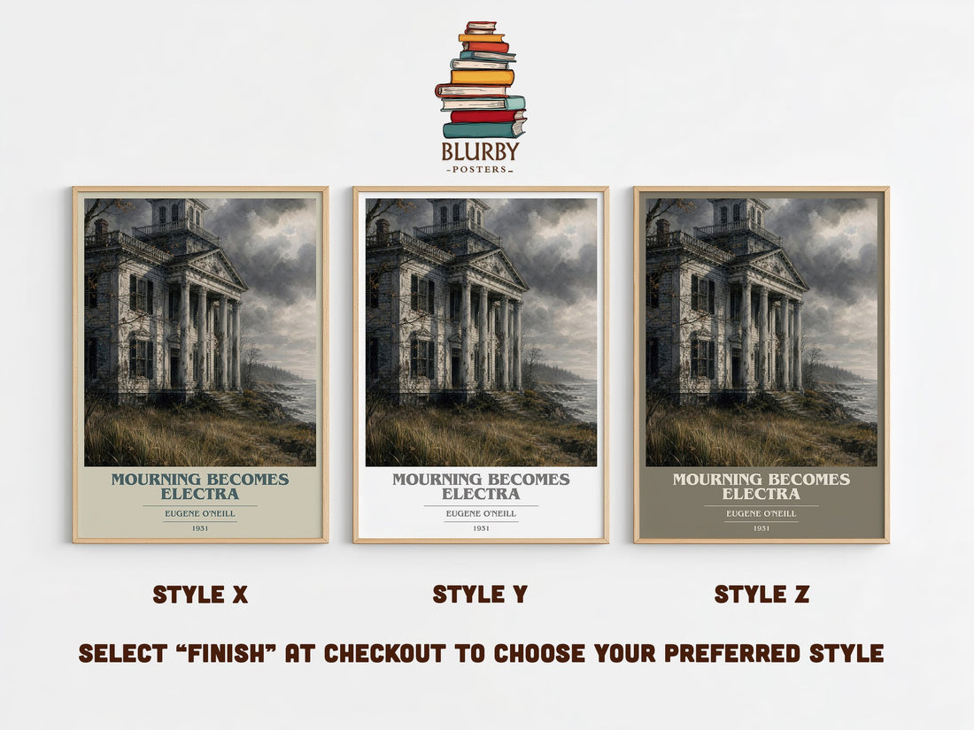 Mourning Becomes Electra book cover print in frame leaning in hallway – literary fiction wall art (mockup)