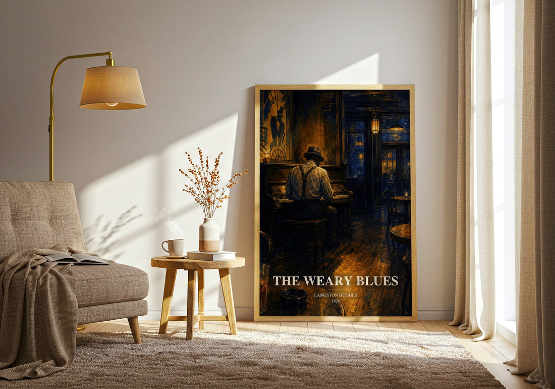 The Weary Blues watercolour print in frame leaning in hallway – poetry wall art