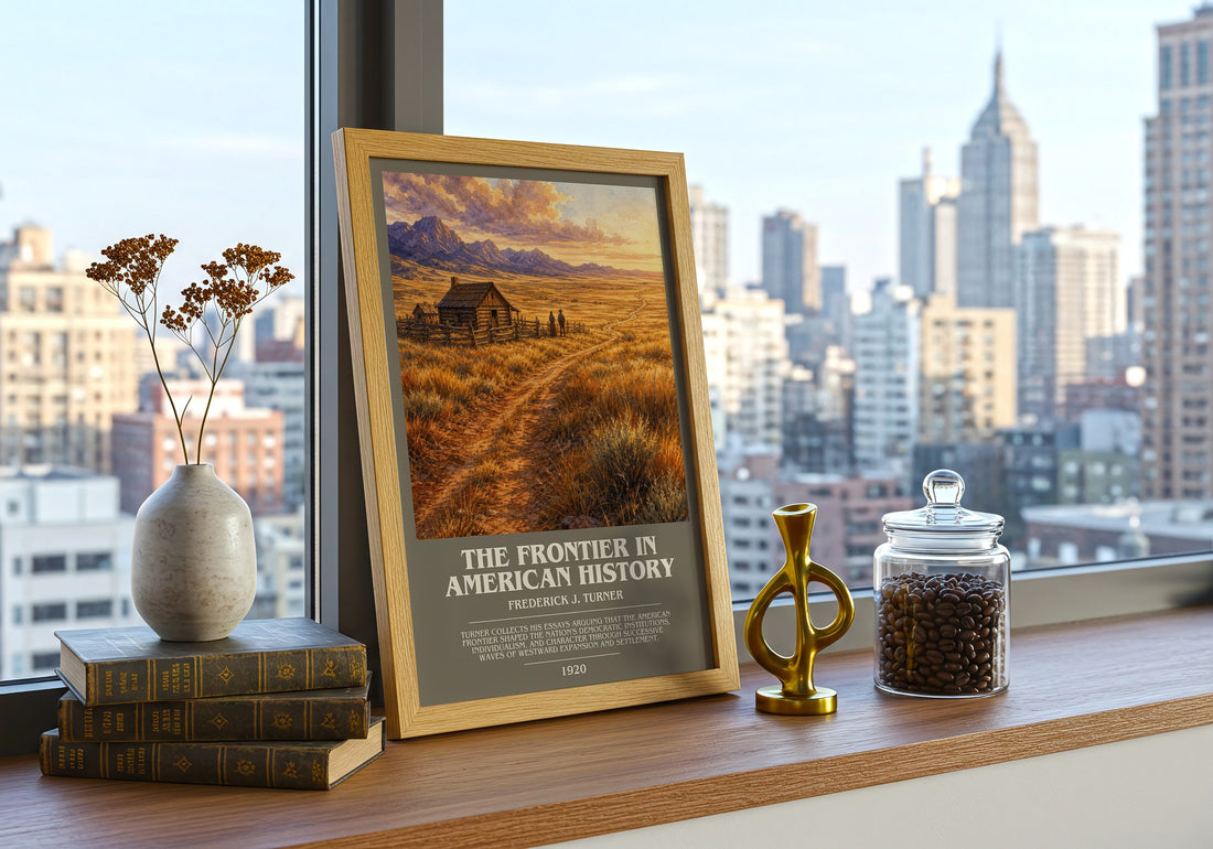Frontier in American History Bookish Wall Art by Frederick J. Turner – framed print on a city-view windowsill