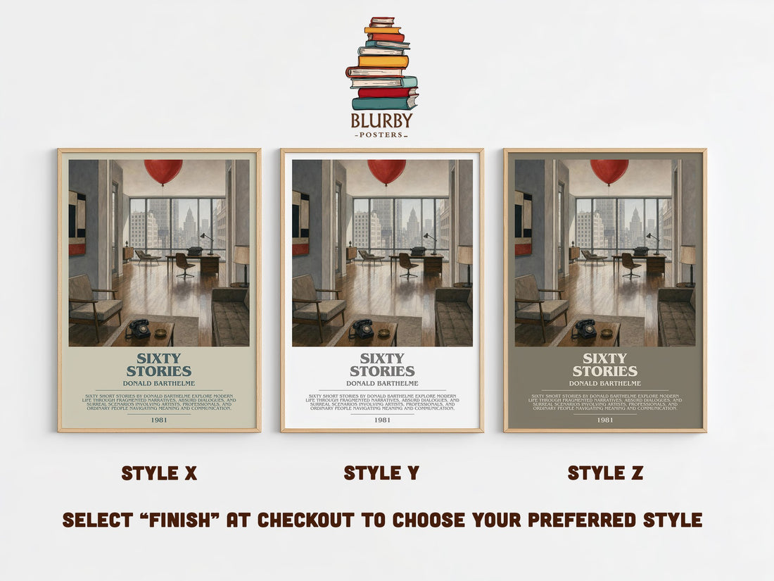Sixty Stories Bookish Wall Art by Donald Barthelme – Style X, Y and Z side by side – choose your finish