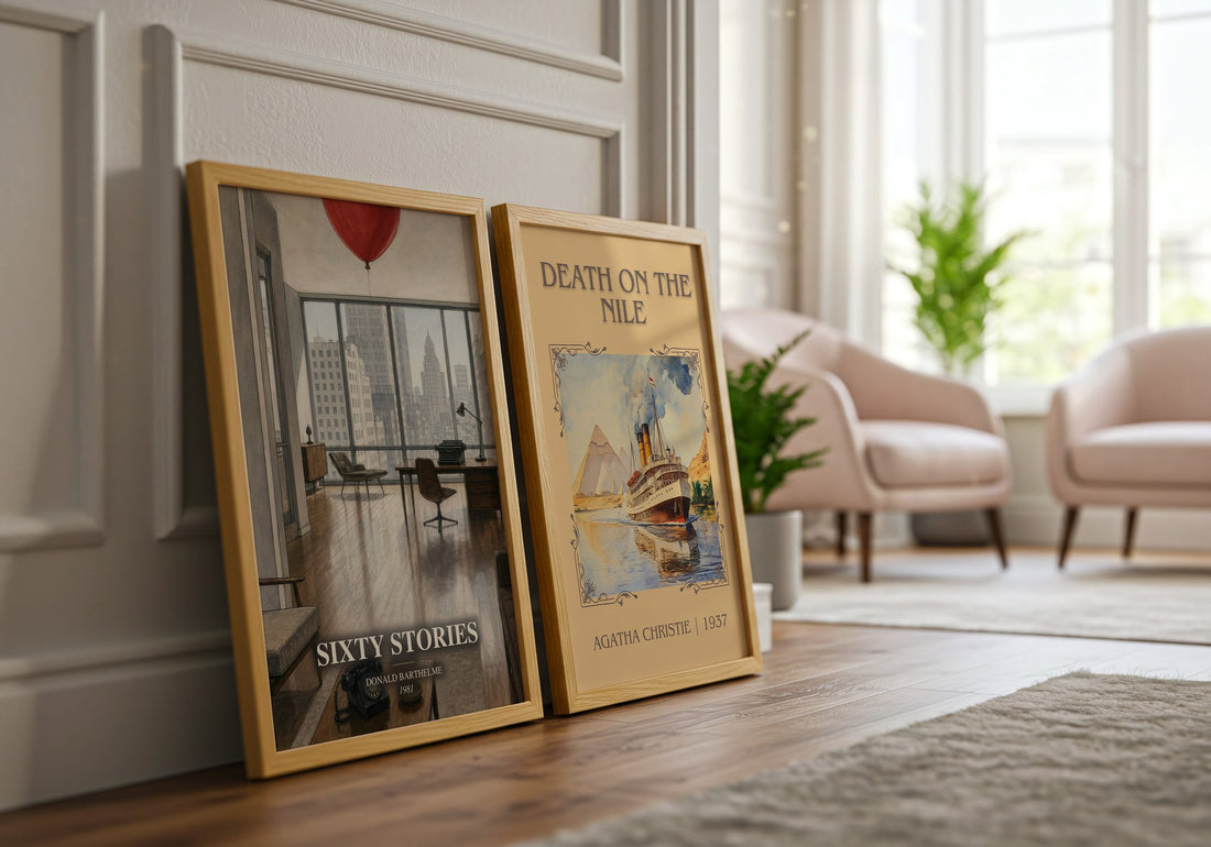 Sixty Stories watercolour print framed by window – literary home decor