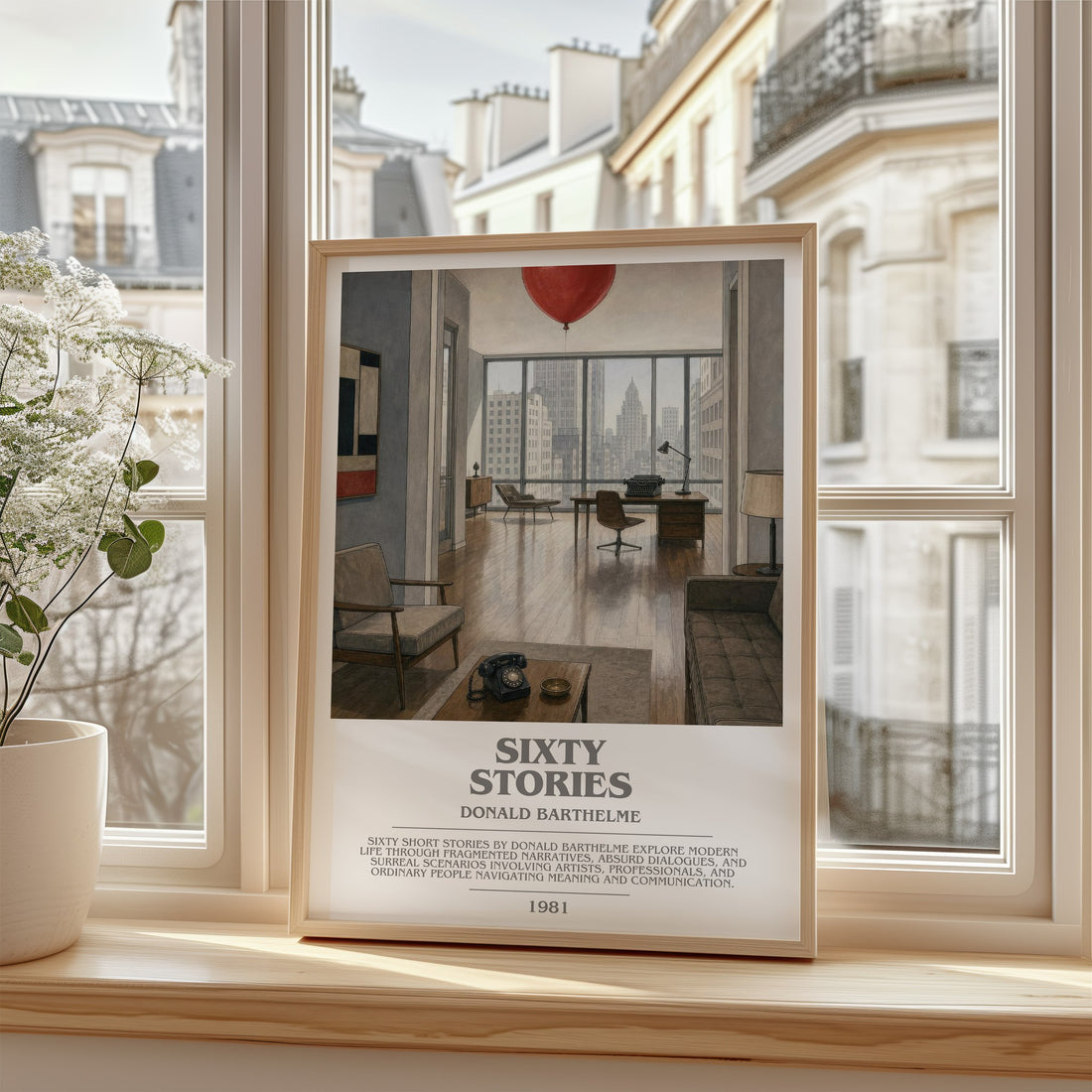 Sixty Stories Bookish Wall Art by Donald Barthelme – framed print by a bright window