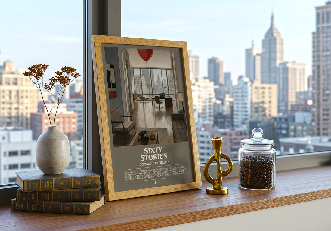 Sixty Stories Bookish Wall Art by Donald Barthelme – framed print on a city-view windowsill