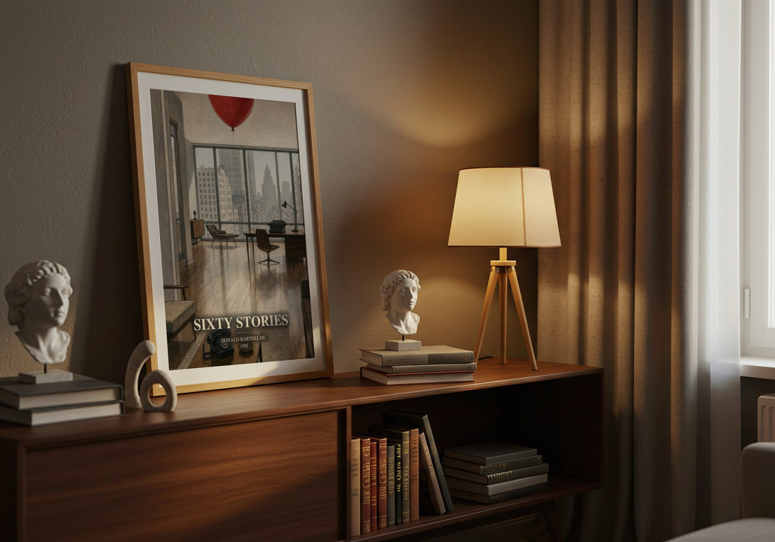 Sixty Stories watercolour print on bookshelf – Donald Barthelme fan gift
