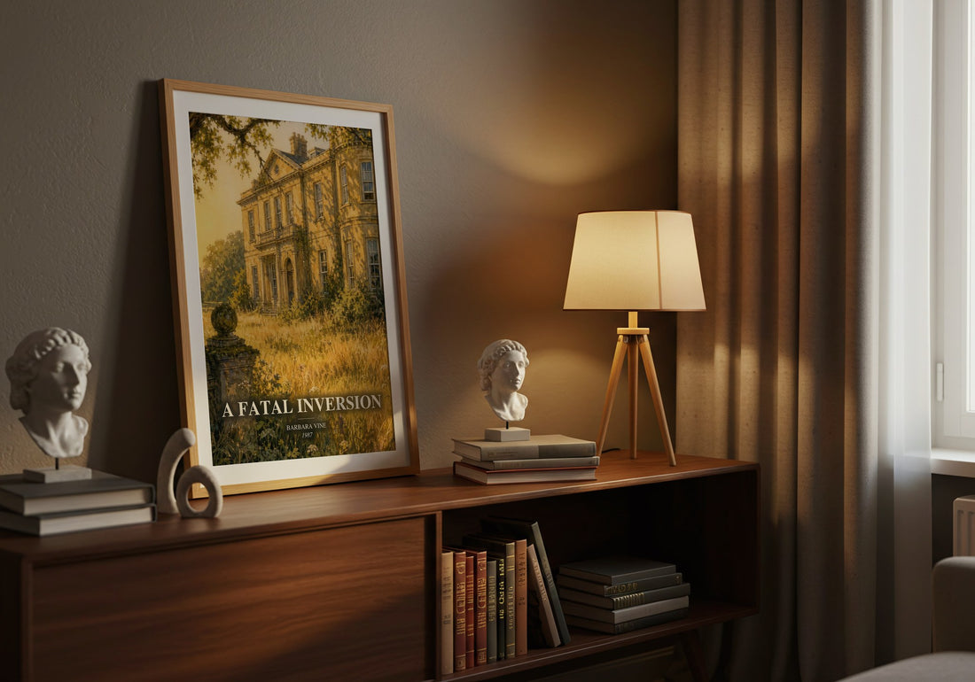 A Fatal Inversion watercolour print on bookshelf – Barbara Vine fan gift
