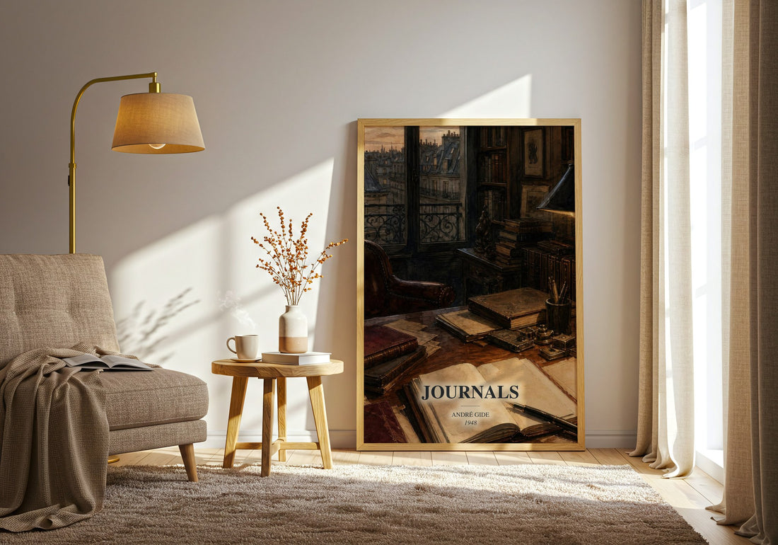 Journals watercolour print in frame leaning in hallway – memoir wall art