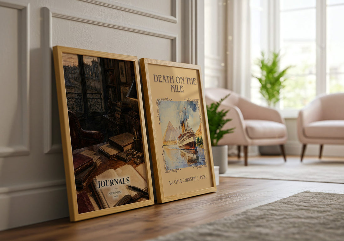 Journals watercolour print framed by window – literary home decor