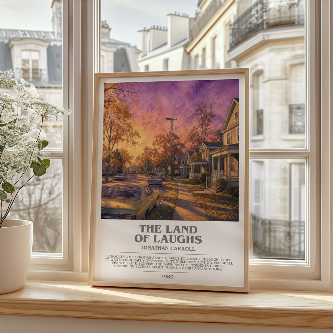 The Land Of Laughs Bookish Wall Art by Jonathan Carroll – framed print by a bright window