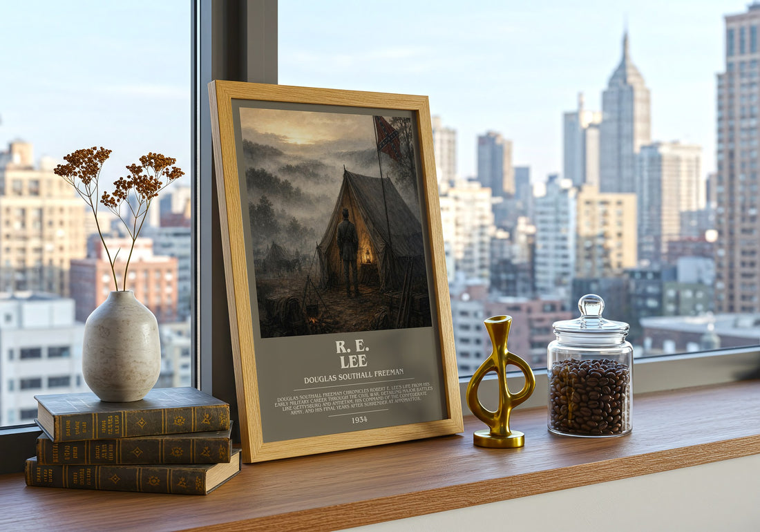 R. E. Lee Bookish Wall Art by Douglas Southall Freeman – framed print on a city-view windowsill