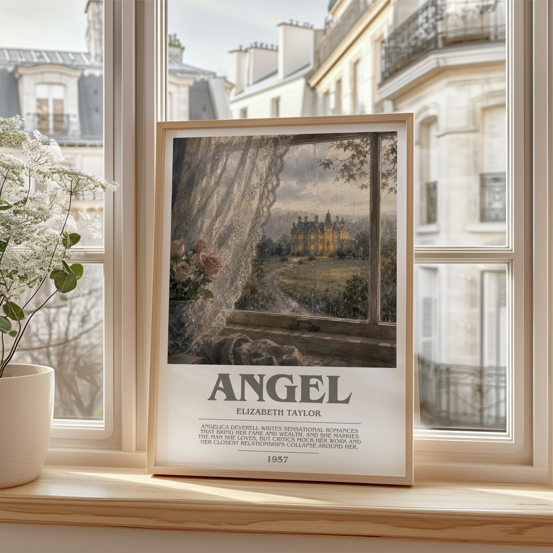 Angel Bookish Wall Art by Elizabeth Taylor – framed print by a bright window