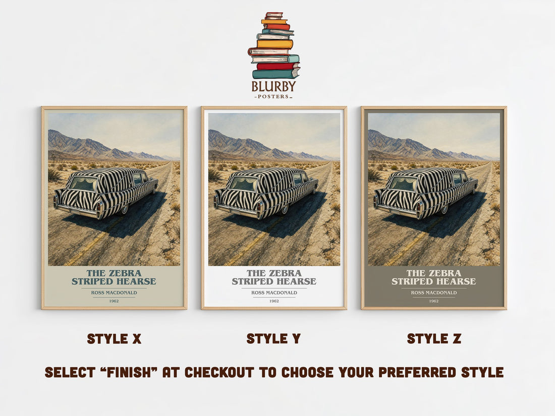 The Zebra Striped Hearse book cover print in frame leaning in hallway – crime wall art (mockup)