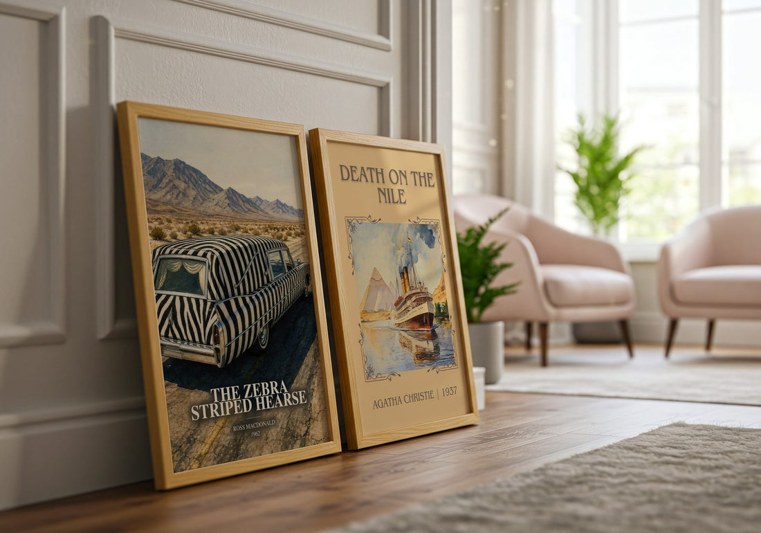 The Zebra Striped Hearse watercolour print framed by window – literary home decor