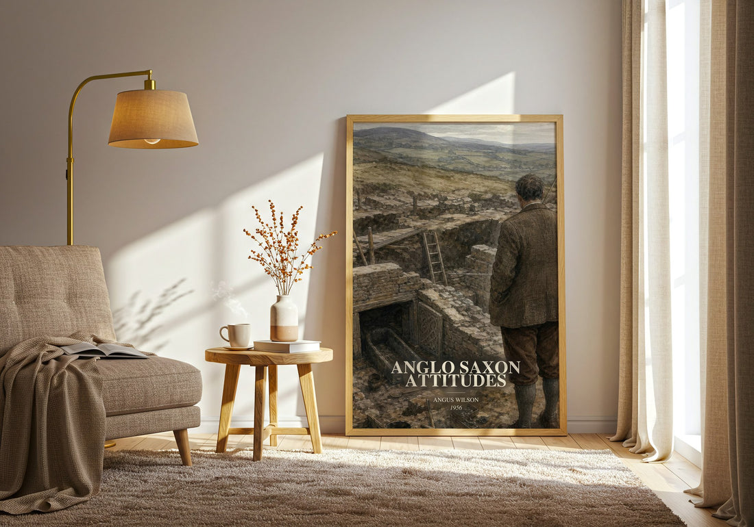 Anglo Saxon Attitudes watercolour print in frame leaning in hallway – literary fiction wall art
