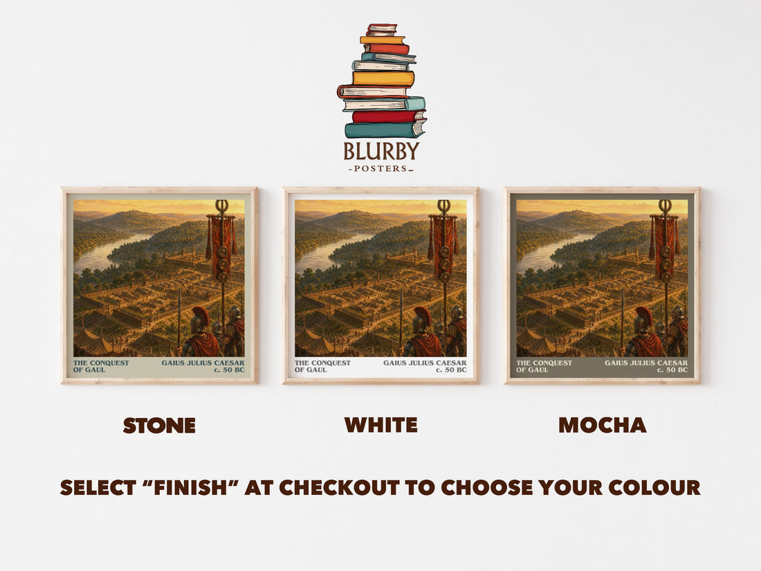 The Conquest Of Gaul literary print framed by window – Stone, White and Mocha square prints side by side – choose your colour
