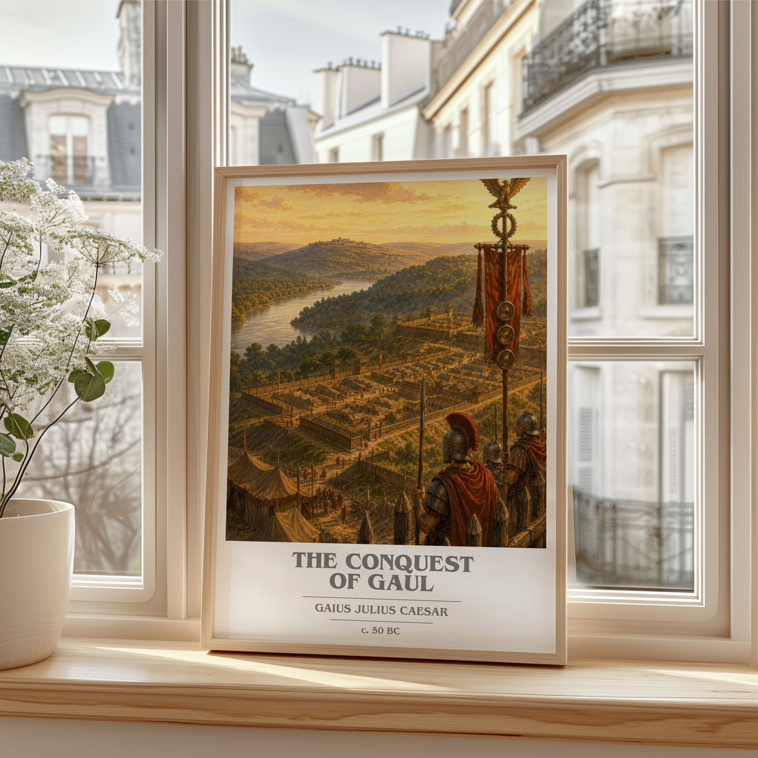 The Conquest Of Gaul book cover print in frame leaning in hallway – non fiction wall art
