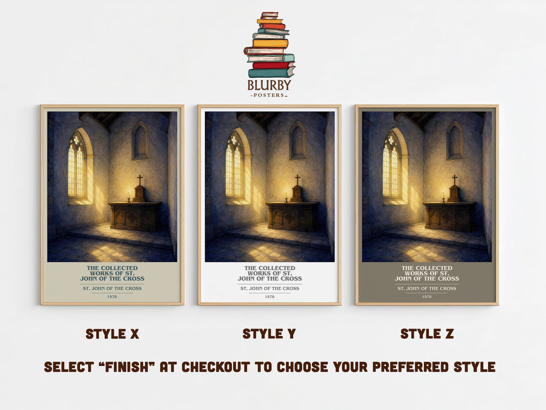 The Collected Works of St. John of the Cross book cover print in frame leaning in hallway – poetry wall art (mockup)