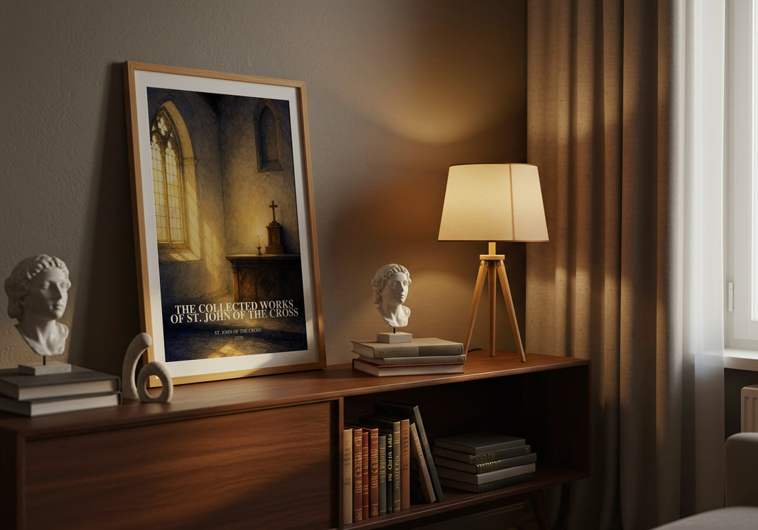 The Collected Works of St. John of the Cross watercolour print on bookshelf – St. John of the Cross fan gift