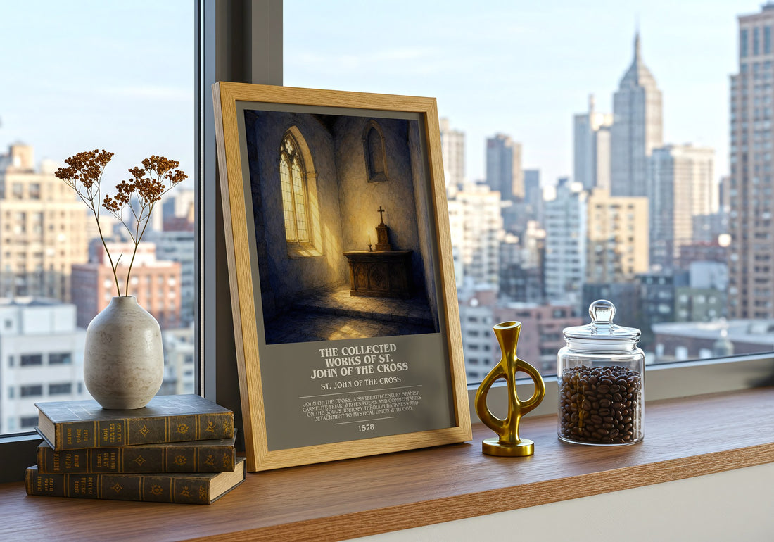 Collected Works of St. John of the Cross Bookish Wall Art by S. Cross – framed print on a city-view windowsill