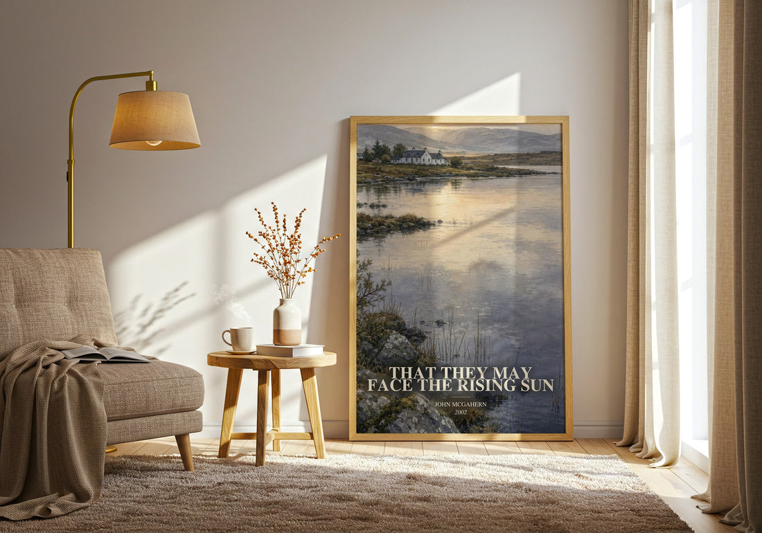 That They May Face the Rising Sun watercolour print in frame leaning in hallway – literary fiction wall art