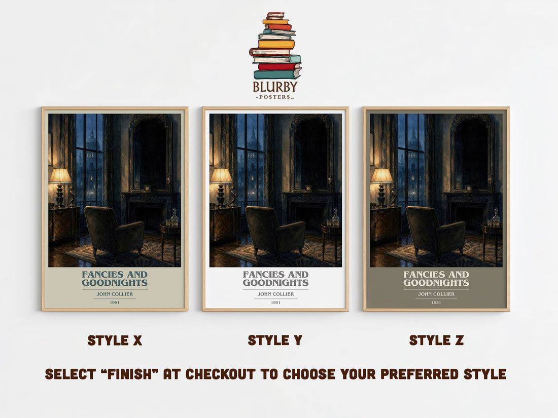 Fancies And Goodnights book cover print in frame leaning in hallway – horror wall art (mockup)
